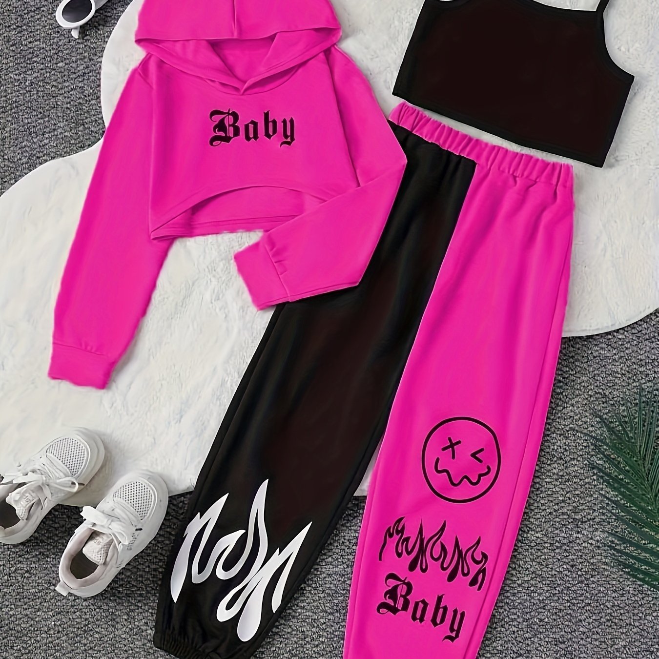 3-piece casual outfit set includes a blue hoodie, black tank top, and face print pants with white sneakers, made of stretchy polyester fabric; perfect for spring/summer/fall wear and