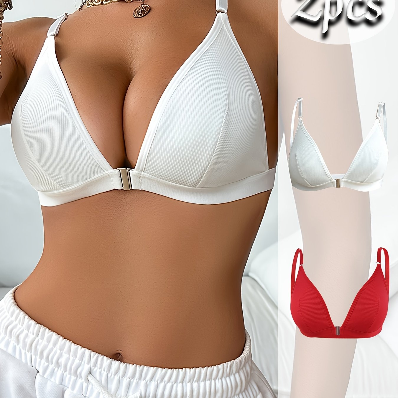 2-Pack Elegant Polyester Push Up Bras for Women - High Support, Solid Color, Knit Fabric, Wireless, No Padding in Black and White