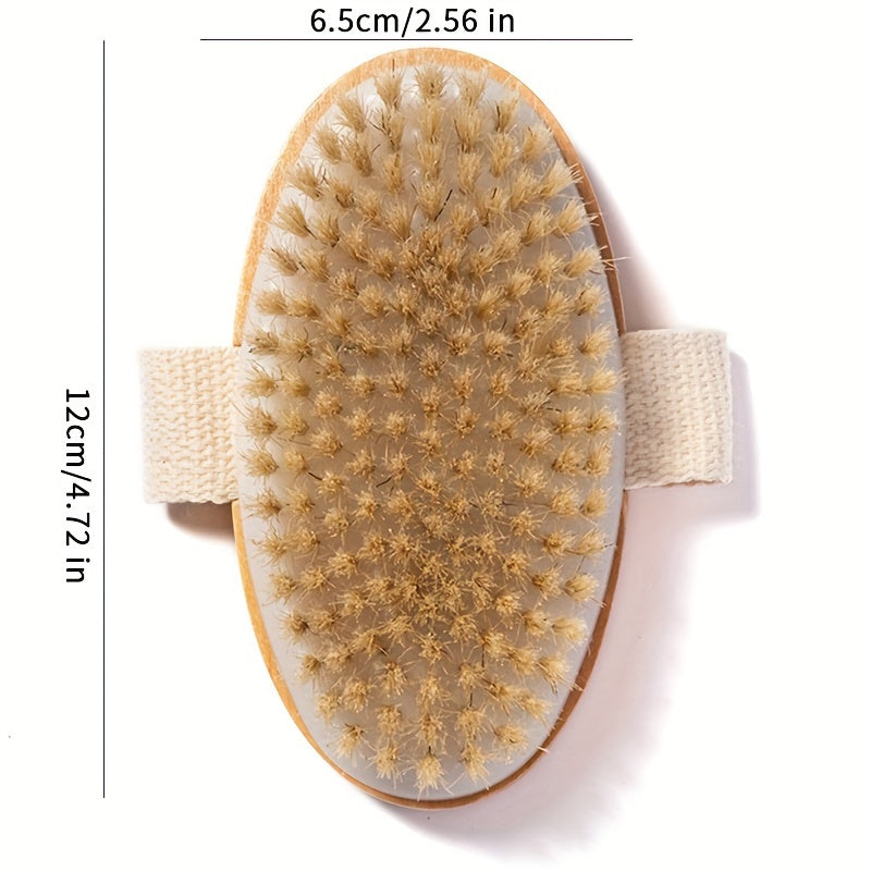 High-quality natural bristle body brush for gentle exfoliation, ideal for wet or dry skin. Handheld wooden design with soft dense bristles, no batteries needed. Perfect for a home spa