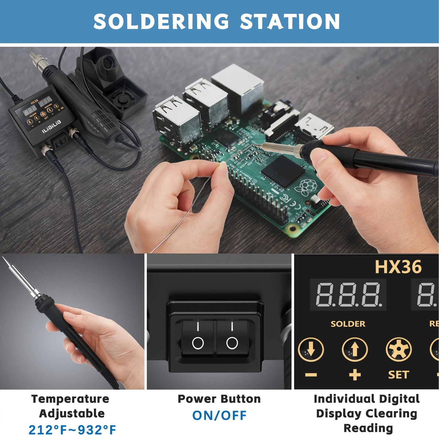 ILIBILIB 2-in-1 Qayta ishlash Soldering Stansiya To'plami: SMD Issiq Havo va Temir Kombinatsiyasi, Raqamli Harorat Boshqaruvi, 3 ta Issiq Pistolet Dushlari, 2 ta Statikga Qarshi Tweezers, Sirpanmaydigan ABS Dizayni - Ideal uchun