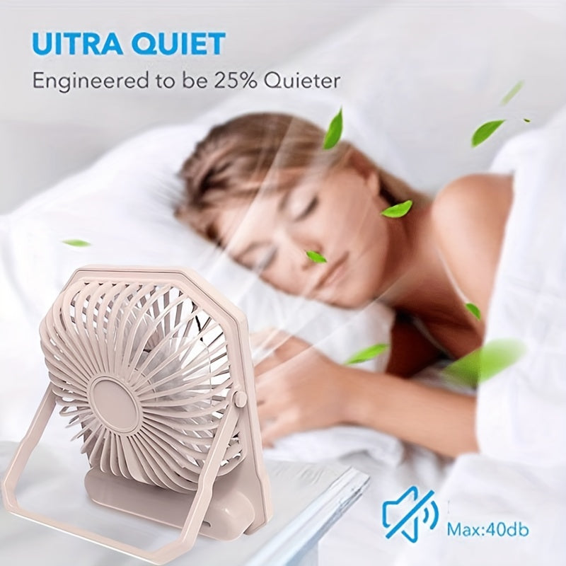 Introducing the 1pc Portable USB Desktop Fan with Digital Display. This 3-speed 6-inch mini cooling fan offers 180° silent operation and is perfect for indoor and outdoor use. With button control and a rechargeable lithium battery, it's ideal for home