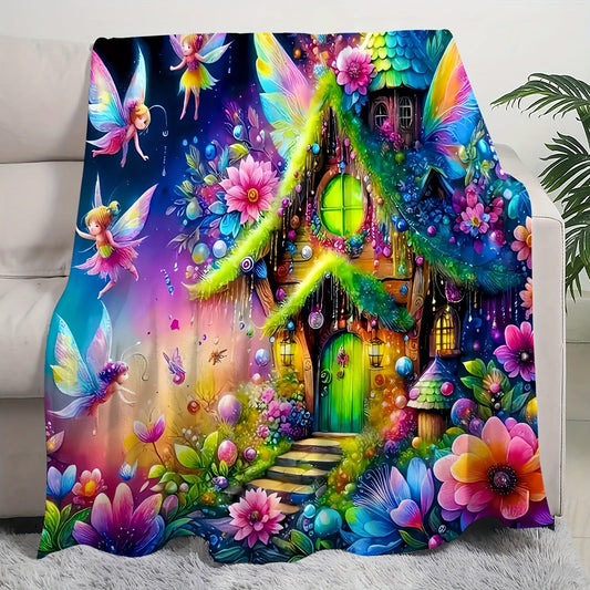 Contemporary Geometric Fantasy Fairy House Digital Print Blanket - Suitable for All Seasons, Made of 100% Polyester, Lightweight 200-250g, 65" x 65" (165cm x 165cm)