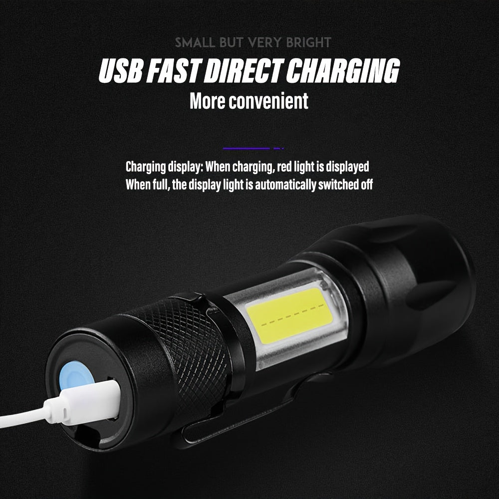 Shustar S-216 Ultra-Bright Mini LED Flashlight: rechargeable, portable work light with XPE & COB side light, telescopic zoom, USB charging - great for camping, hiking, and outdoor