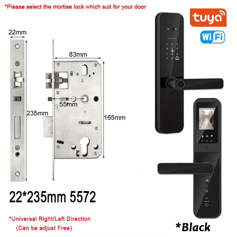 Smart door lock with biometric camera, fingerprint, smart card, password, and key unlock.