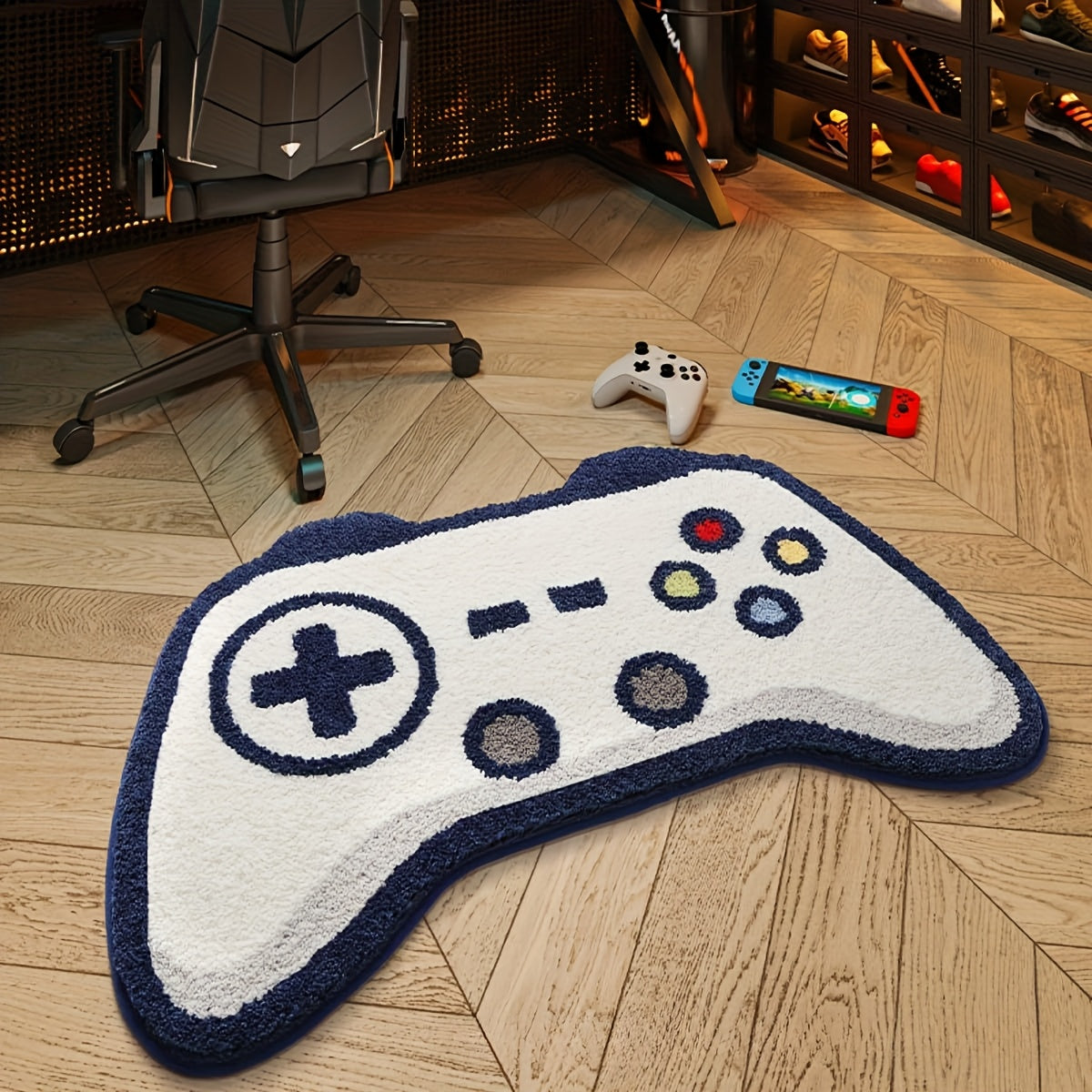 Get the perfect addition to your game room with this 1pc 3D Gaming Controller Area Rug. Made of soft faux fleece material, this mat is perfect for your game room sofa table. Hand wash only for easy maintenance. An ideal gift for gamers, this rug is