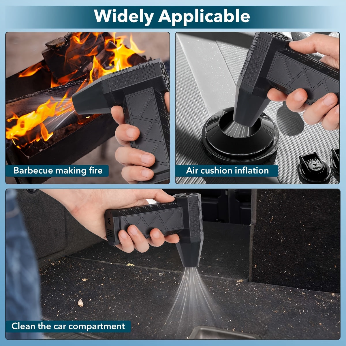 The HOTU Rapid Cooling Portable Turbo Fan is a powerful handheld device that can quickly cool you down in hot weather. It is also ideal for removing dust and snow, starting BBQ charcoal, and perfect for outdoor adventures.