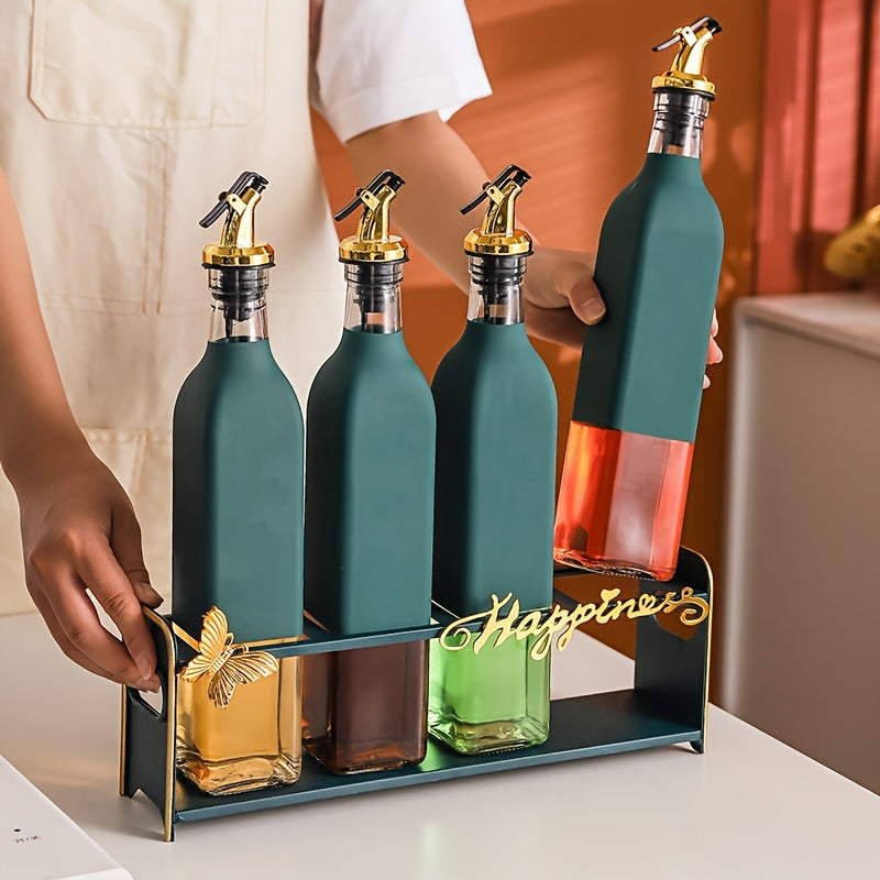 Set of elegant glass olive oil dispenser bottles, perfect for the kitchen. They are leakproof and must be hand washed. The set includes BPS-free square glass bottles with pourers, ideal for storing vinegar, soy sauce, and other seasonings. These bottles