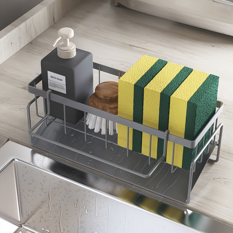 Kitchen and bathroom faucet caddy with sponge and cloth holder - made of sturdy plastic, no need for batteries