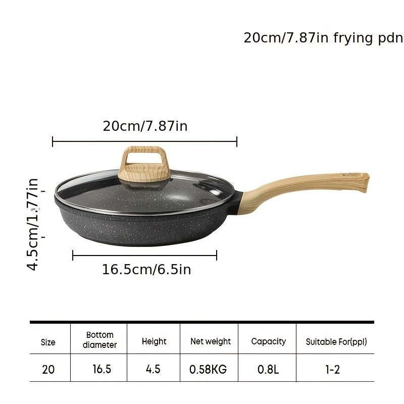 Non-stick frying pan with lid, perfect for cooking beef patties, sesame fry bag, chicken willow, and chicken wing on any stove. Essential kitchenware for all your cooking needs.