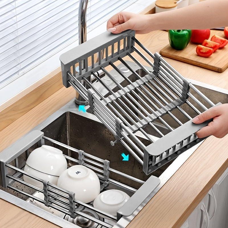 Retractable Stainless Steel Kitchen Drain Rack - Convenient Sink Shelf for Organizing Tableware, Bowls, Dishes, and Chopsticks with Storage Space for Kitchen Accessories