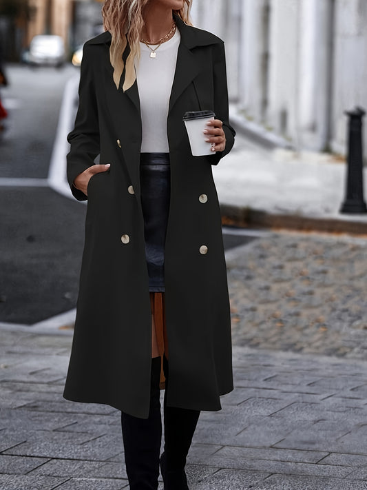 Long sleeve belted trench coat with double buttons, solid color lapel collar and pockets. Perfect for fall; women's clothing