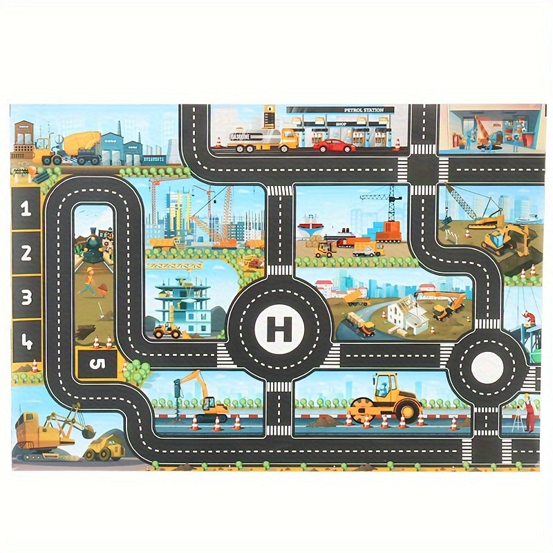 City construction and traffic play mat with mixed colors, includes toy and doll set for youngsters.