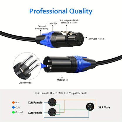 3pin XLR Female to Dual XLR Male Y-Splitter Cable for Stereo Mic with Balanced Audio.