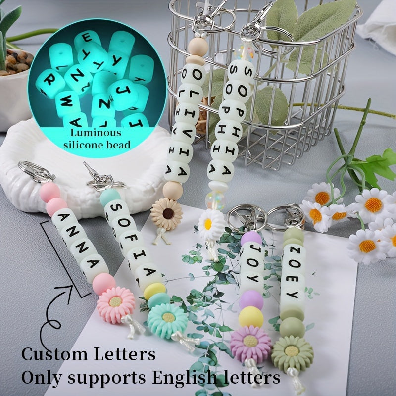 Personalized Silicone Keychain with Glow-in-the-Dark Alphabet Beads, Flower Charm, Custom Name, Perfect for Birthday Parties and Festivals, Women's Key Holder with Lobster Clasp - Great for Decorating Backpacks and Bags (Individual Item)