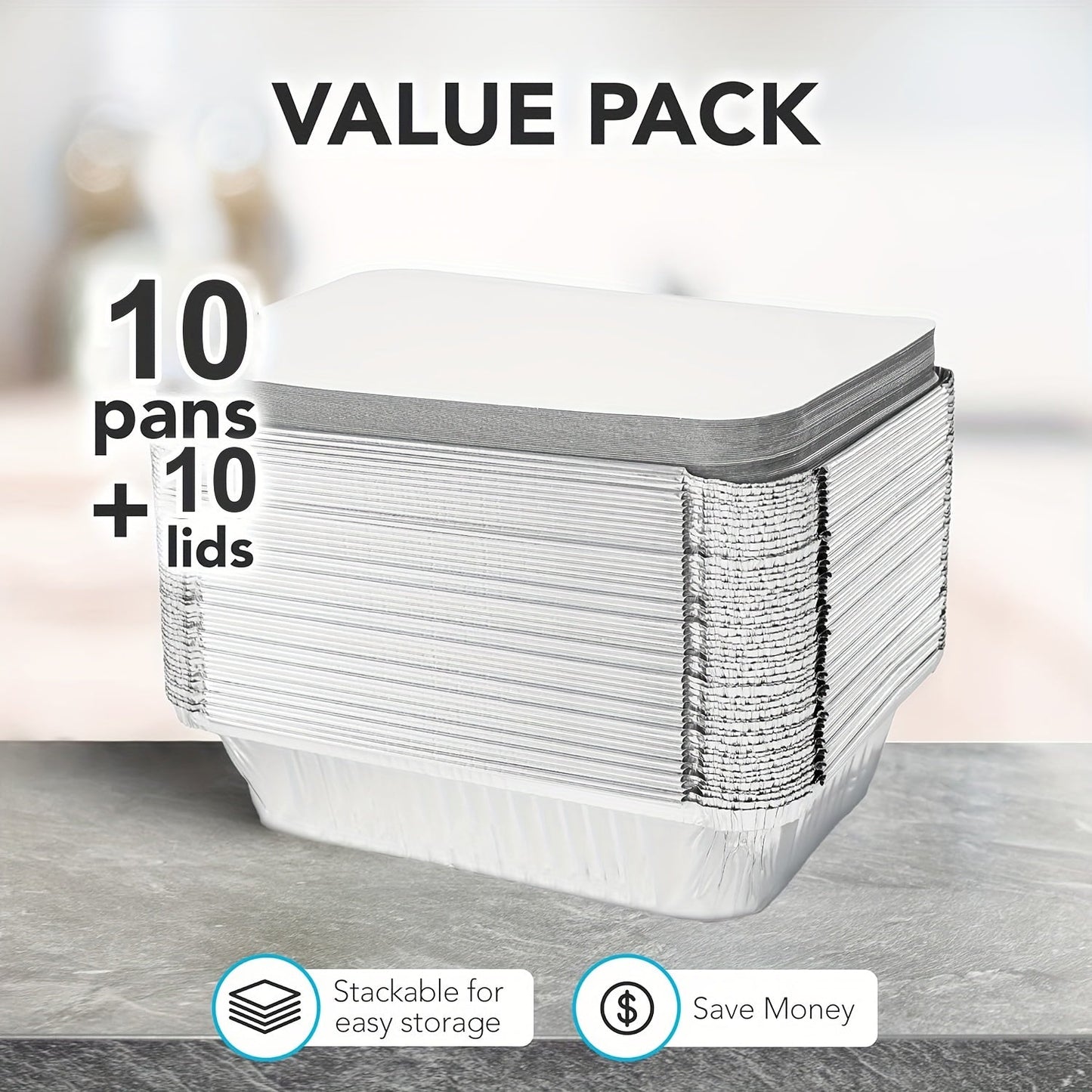 Pack of 10 aluminum pans with lids - Perfect for meal prep, freezer cooking, and baking. Medium sized takeout containers.