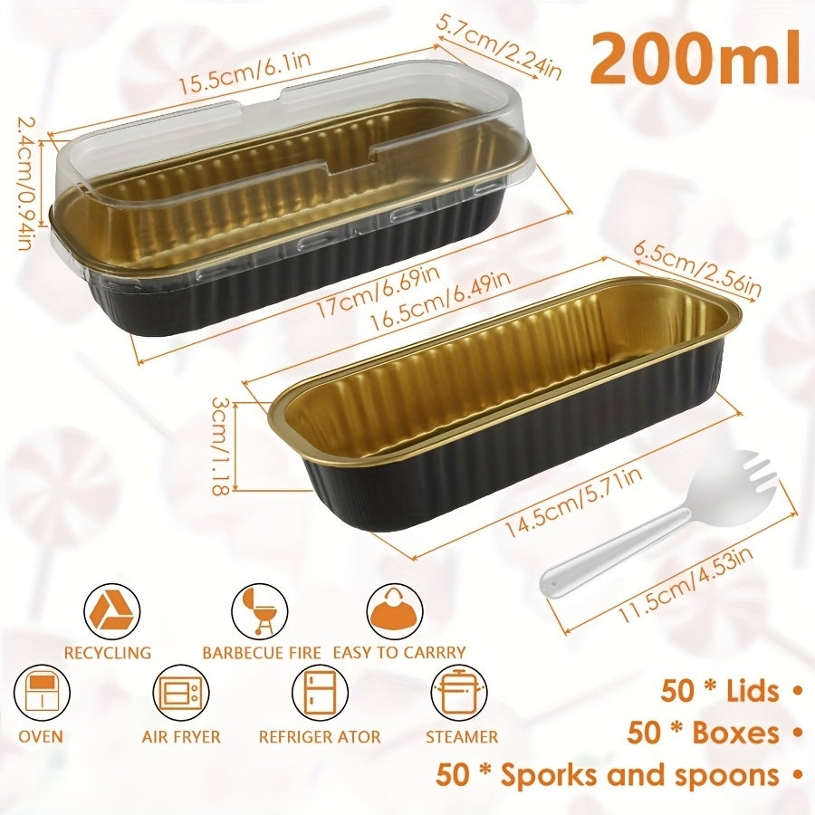 150 pieces of Mini Cake Pans with Lids and Spoons: 6.76 ounces Non-Stick Foil Baking Pans, Reusable Aluminum Foil Loaf Pans, Rectangular Foil Bread Containers, Portable Baking Cupcake Liners for Home Kitchen use.