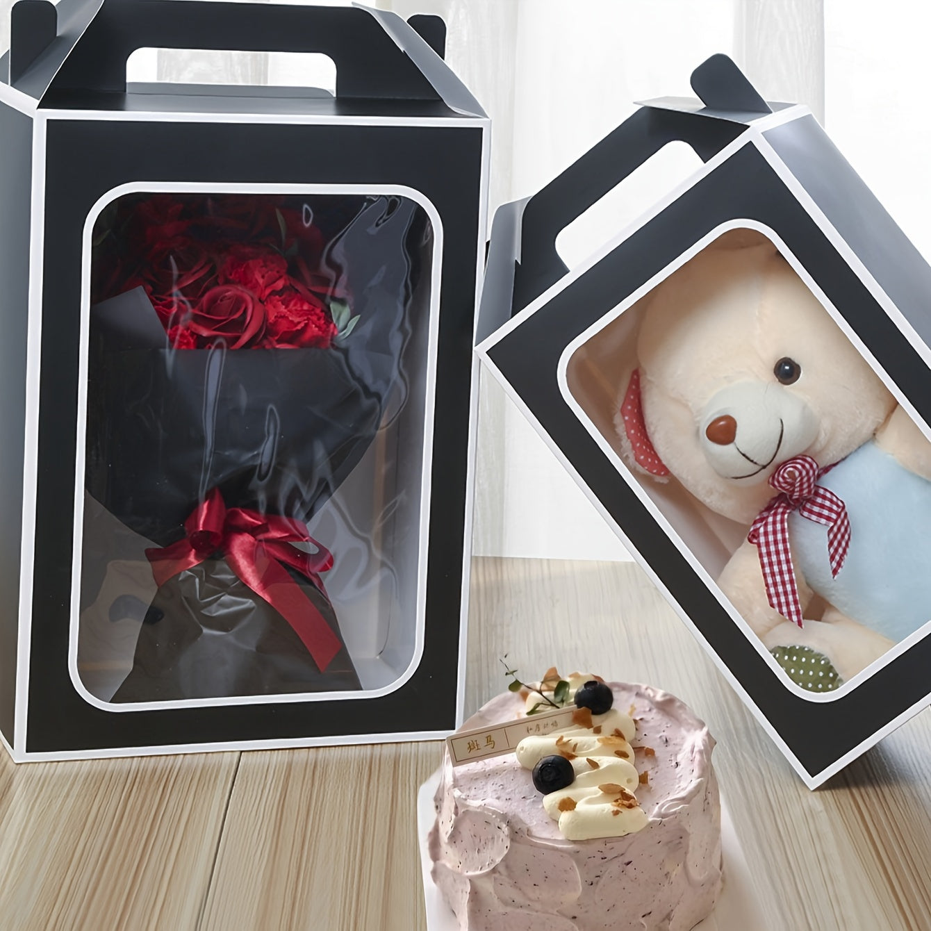 2 cake boxes with a clear window, perfect for displaying baked goods like cupcakes, chocolates, cookies, pies, and other pastries. Great for birthday party favors, wedding party gifts, or as a handy storage solution for baking tools and kitchen