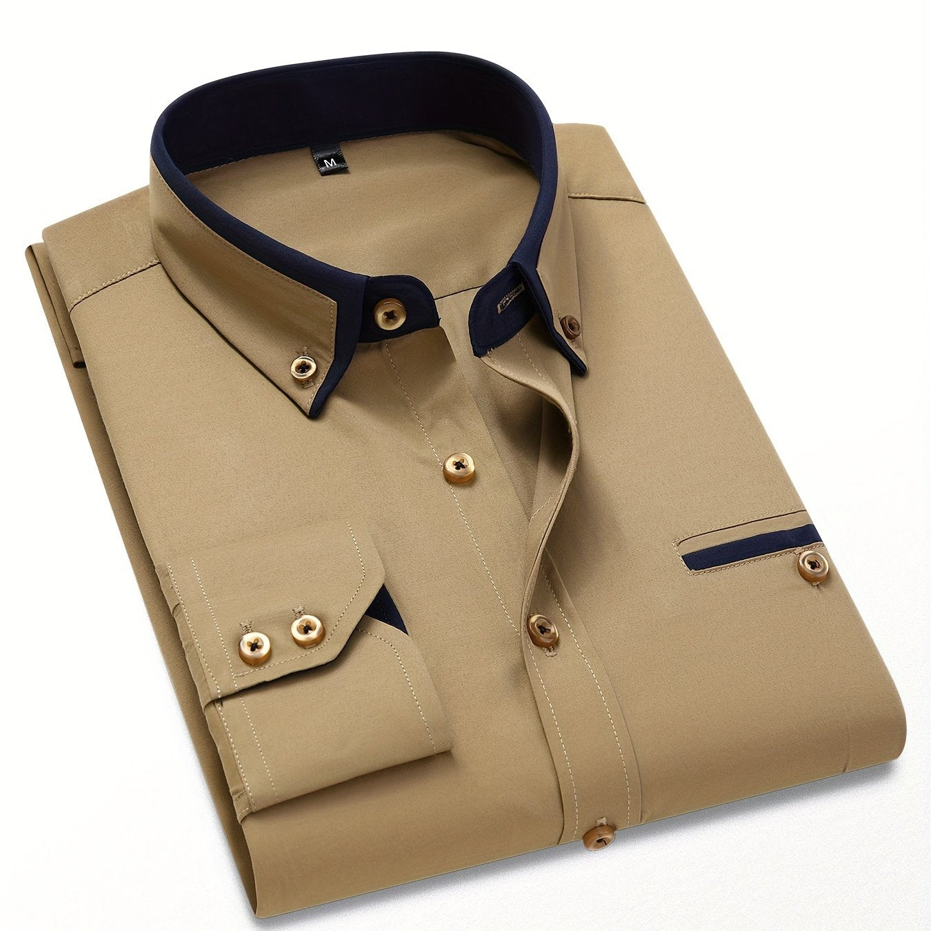 Long sleeve men's dress shirts with contrast lapel collar design, suitable for formal occasions.