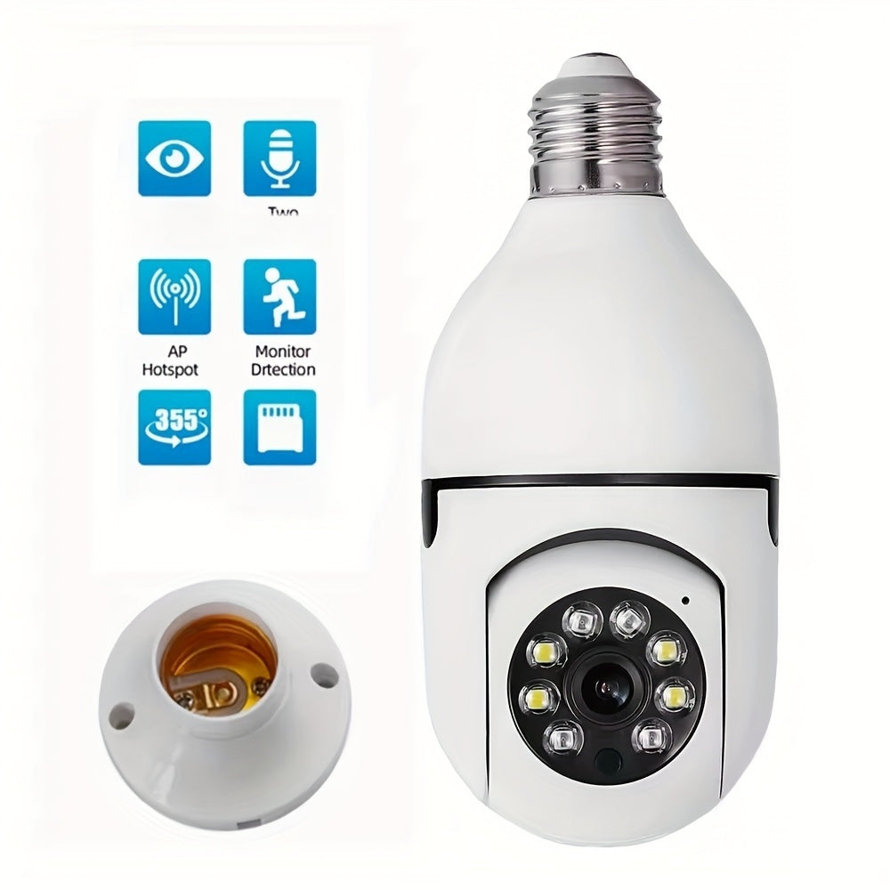 360° E27 WiFi Security Camera with Motion Detection, Color Night Vision, and Two-Way Audio - HD Light Bulb Camera for Indoor/Outdoor Home Surveillance with Spotlight Alarm