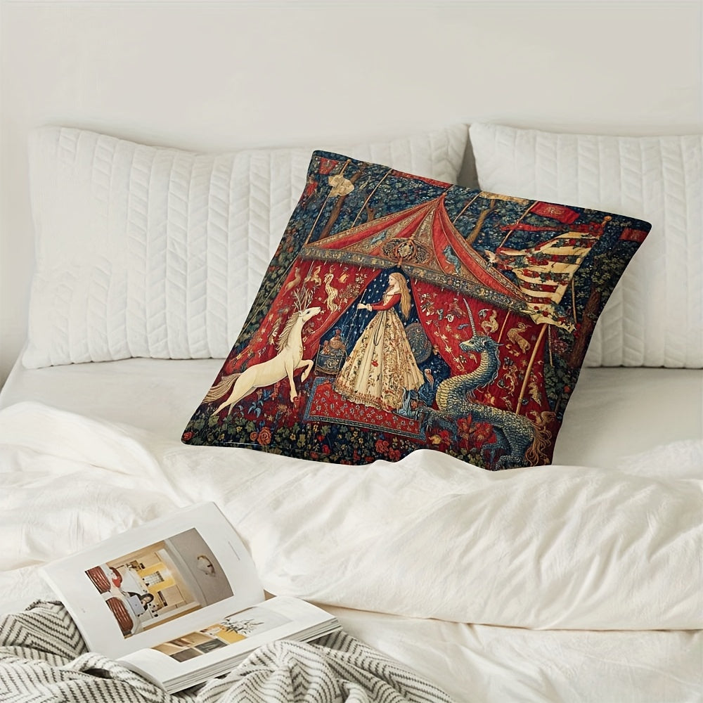 Decorative Pillow Cover featuring a Medieval Lady and Mythical Creatures design - Double-Sided Print, Zipper Closure, made of Polyester, perfect for Adult Home Decor, great for Valentine's Day, Halloween, and Christmas. Product code: QYH7-136