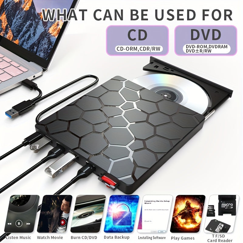 Compact CD/DVD drive for laptops with USB 3.0, Hexagonal design, and playback/burning capabilities for Windows, Mac, Linux. Supports CD/VCD/DVD.