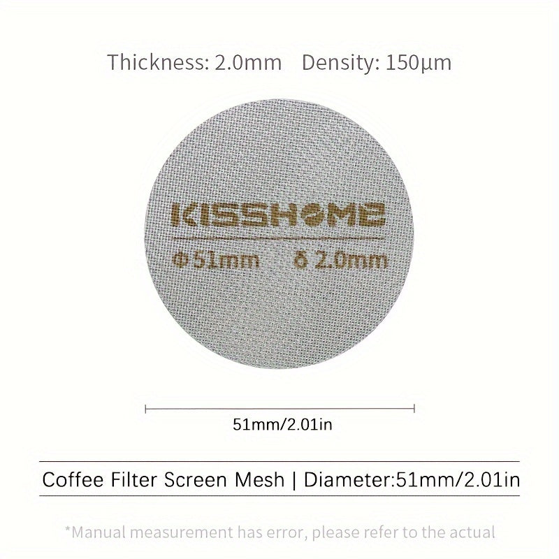 Reusable espresso puck screen made of 316 stainless steel, heat resistant, available in diameters of 51mm, 53.5mm, and 58.5mm. Compatible with Breville machines and 51mm, 54mm, and 58mm portafilters. Includes coffee accessories.