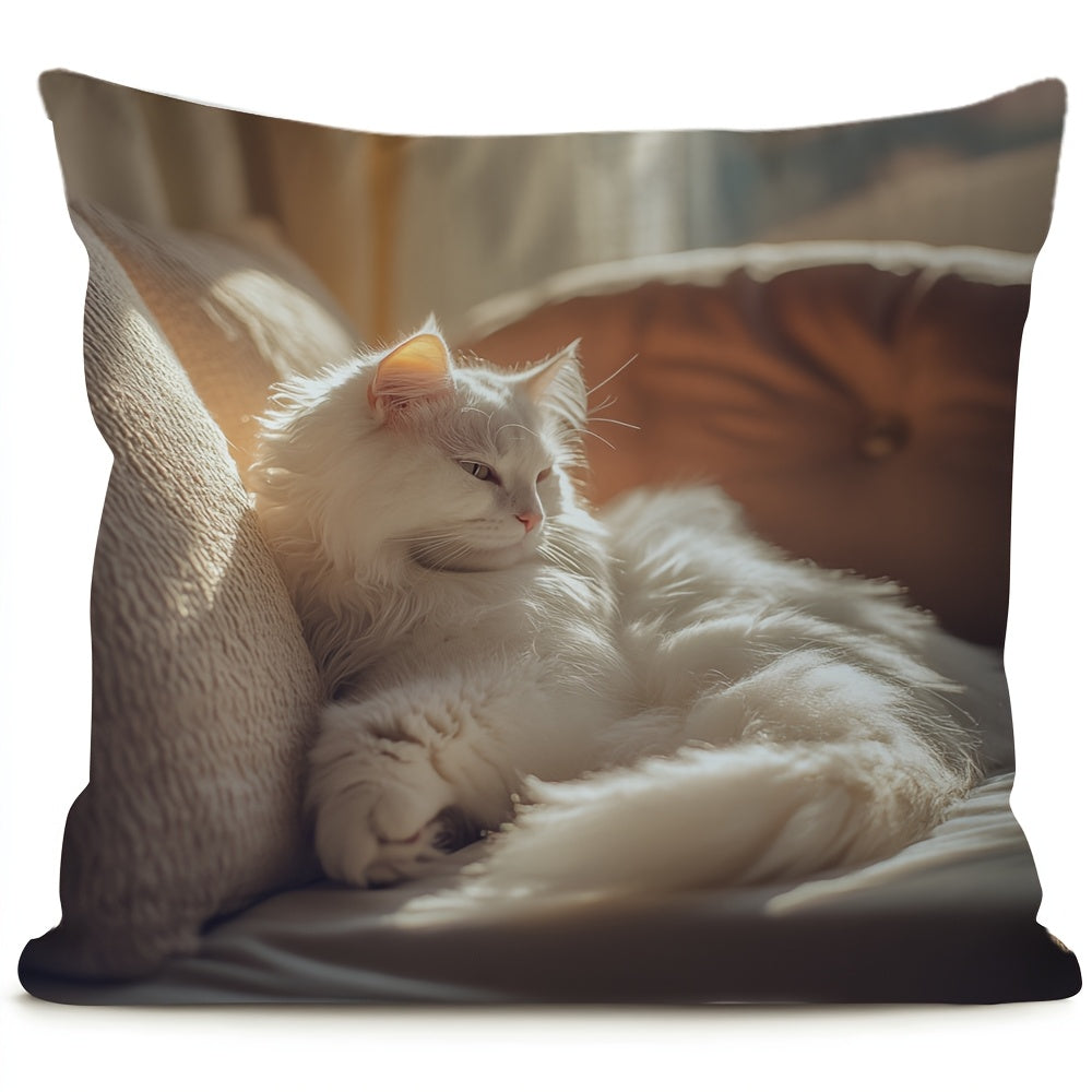 Soft White Cat Print Cushion Cover - Reversible Design, Ideal for Farmhouse Style and Festive Gatherings, Easy to Clean Polyester Pillowcase for Home and Workspaces (Pillow not included)