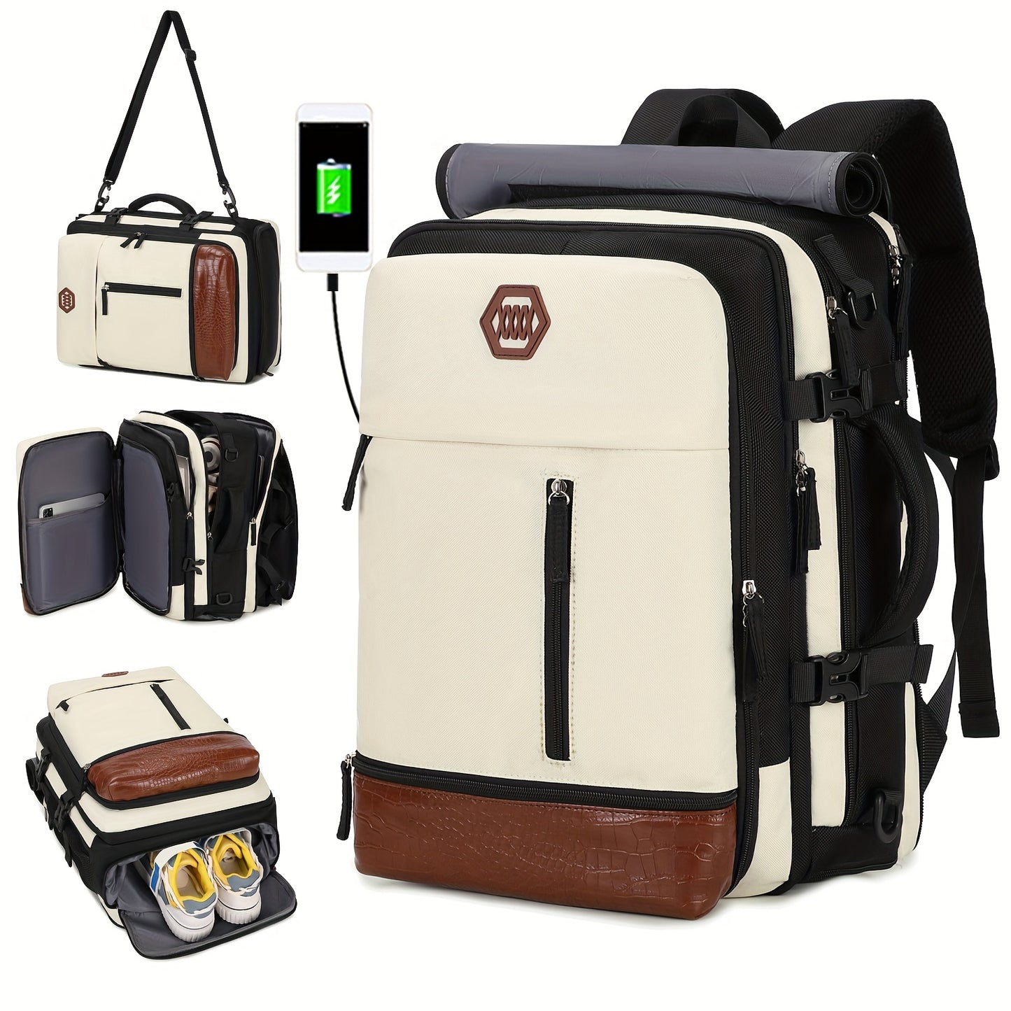 Large, durable backpack with shoe compartment, USB port, and 17-inch laptop compartment, ideal for college or business use.