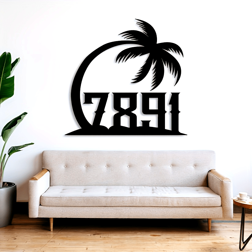 Customized metal sign featuring a palm tree design, complete with your house number and address - Perfect for adding a touch of beachy charm to your home décor. Hang it on your wall to complete the look.