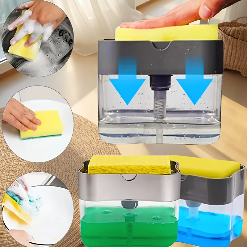 Durable Plastic Kitchen Soap Dispenser Set with Sponge Holder, Includes Free Sponge - Perfect for Home Cleaning, Convenient Refill Design, Space-Saving for Countertop and Sink Use.