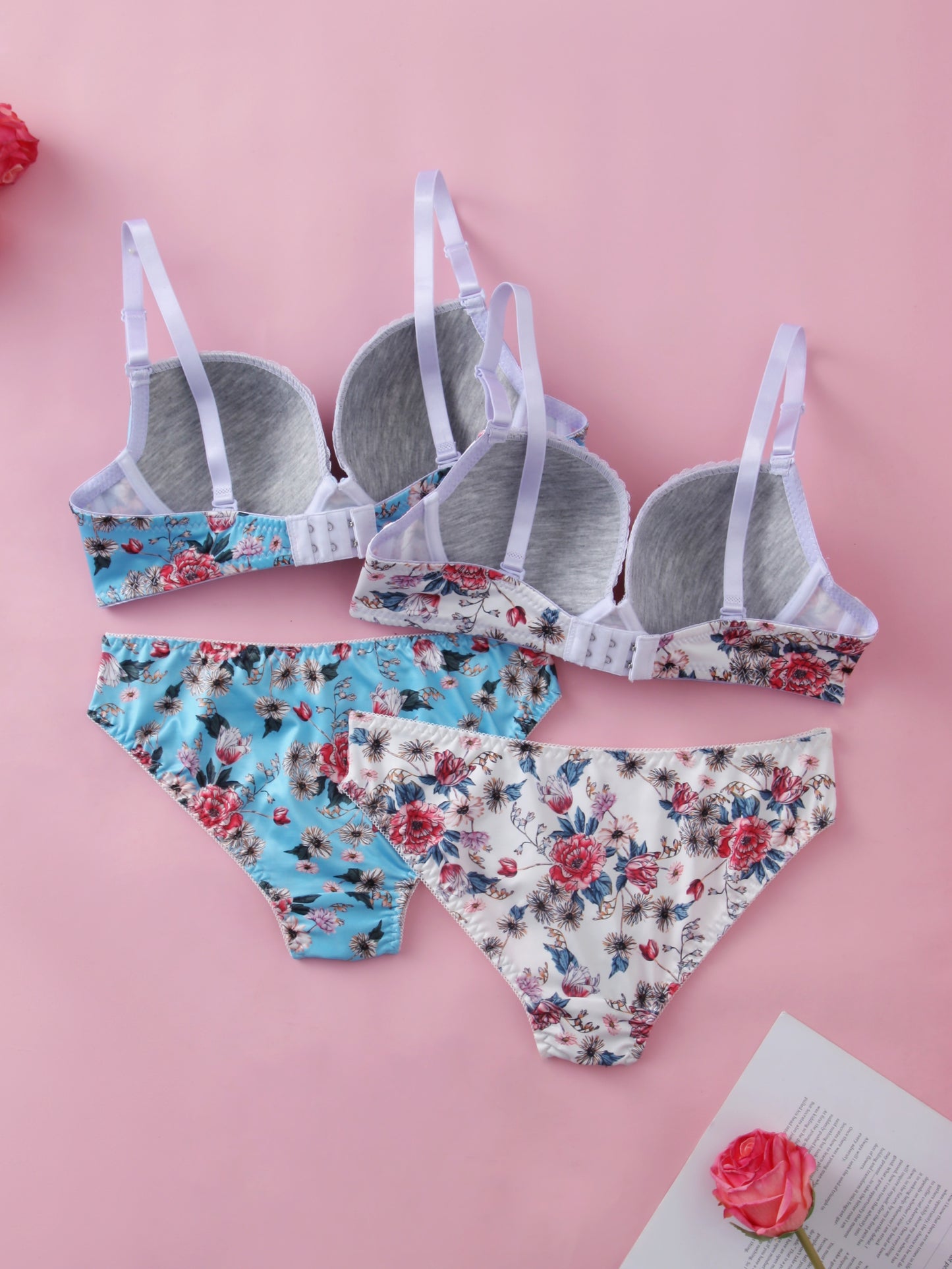 Fashion Floral Print Bra Set with Steel Ring Detail