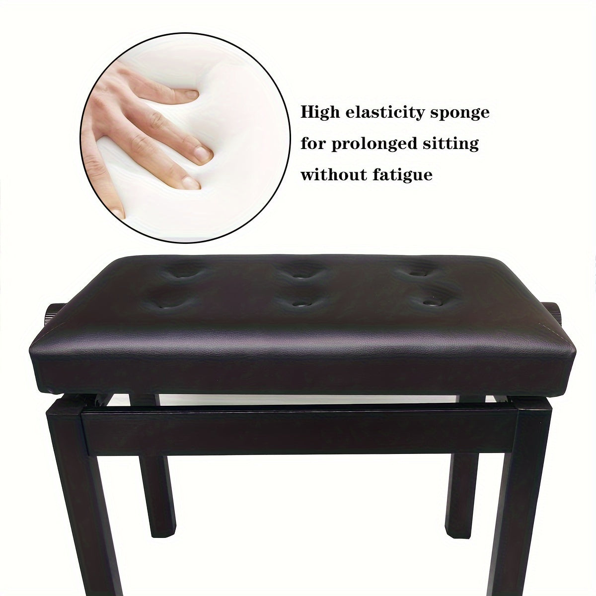 Piano stool with adjustable height, button-tufted black cushion, high elasticity sponge, and durable wooden frame. Ideal for musicians.