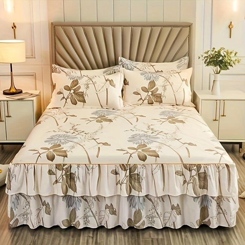 Contemporary Floral Bedding Set with Ruffle Skirt, 2 Pillowcases - Machine Washable, Polyester Cover, Fiber Filling, Active Printing - Mixed Color