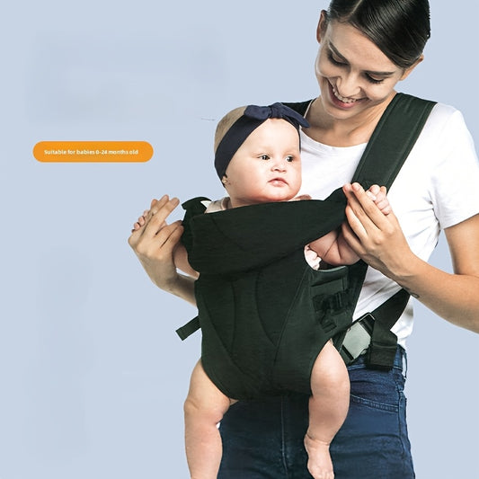 Versatile kids carrier with hat - Front & back carry, adjustable strap, polyester material, in orange/red/blue/black, suitable for all seasons.