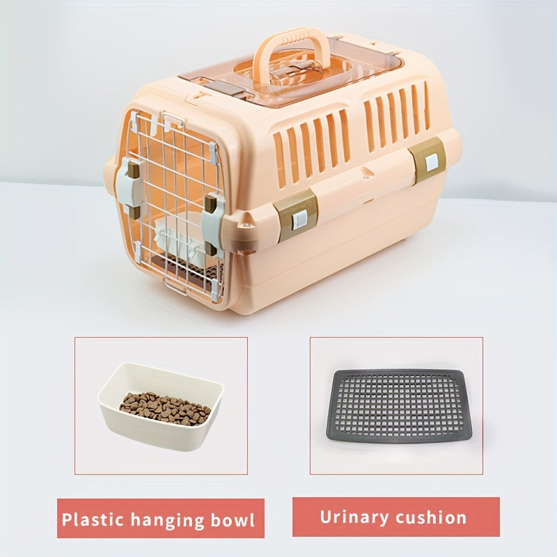 Portable pet air case with hanging bowl, diaper pad, cat storage box, car cage, and large plastic cat cage.