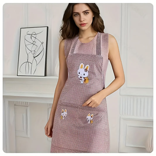 Attractive Bunny Plaid Kitchen Apron - Soft Microfiber, for Home & Restaurant