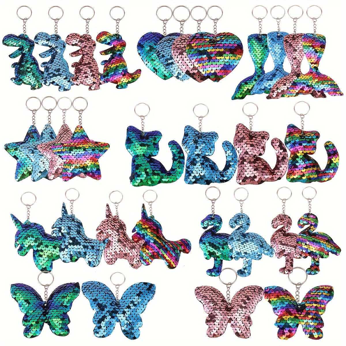 Set of 32 Sparkling Sequin Keychains featuring Flamingo, Mermaid Tail, Butterfly, and Unicorn shapes - Ideal for Party Favors, Birthday Gifts, and Back-to-School Decor.