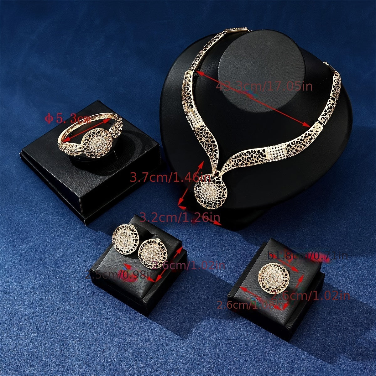 Luxurious Banquet Jewelry Set with Vintage Round Shaped Rhinestone Inlaid Stud Earrings, Ring, Bangle, and Pendant Necklace in Elegant Style