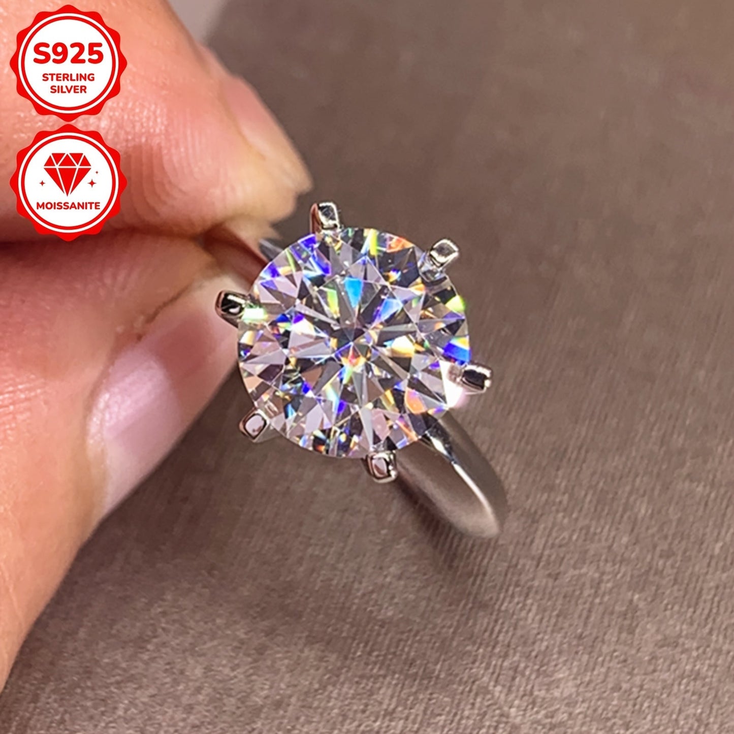 Moissanite Solitaire Engagement Ring for Women - Available in Various Sizes - Brilliant Round Cut White Golden Stone - Classic Six-Prong Setting in 925 Sterling Silver - Perfect Anniversary or Wedding Gift for Her