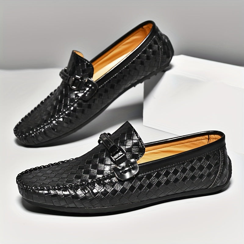 Breathable black slip-on loafers for men, featuring diamond pattern, bowknot design, and lightweight rubber sole for comfort in summer casual style.