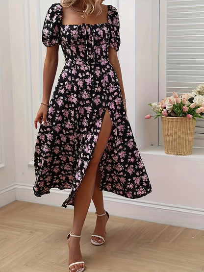 Floral print puff sleeve dress with split hem, perfect for spring & summer.