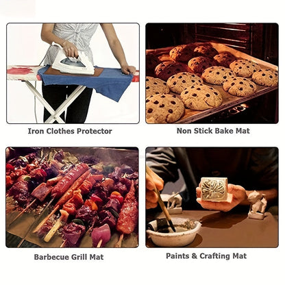 This set includes three PTFE sheets that are resistant to high temperatures and non-stick, perfect for use as reusable ironing and heat transfer mats. They are also ideal for cooking, grilling, and BBQs, made from durable plastic material.