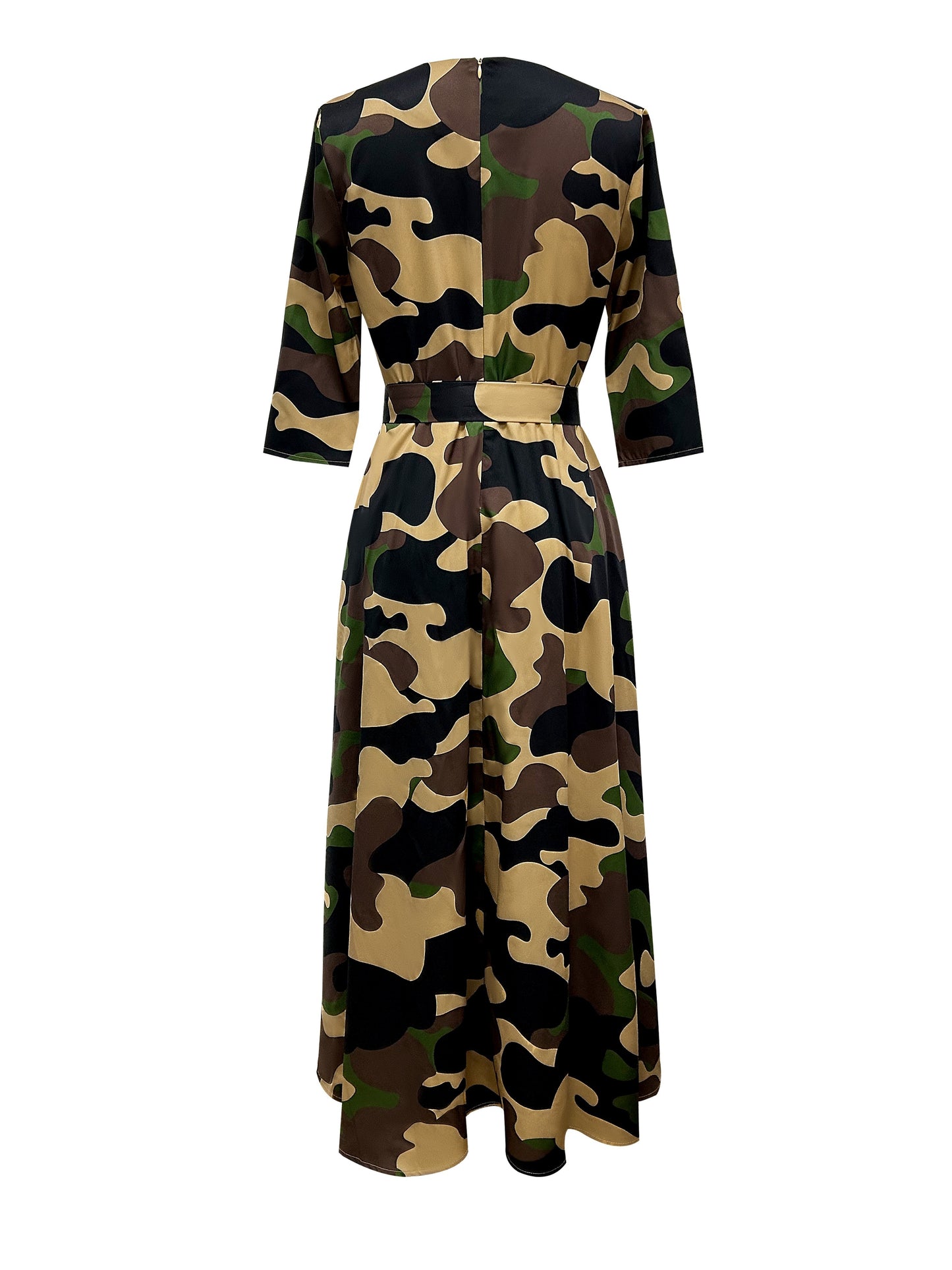 Geo print crew neck dress with half sleeves and belt, women's elegant clothing.