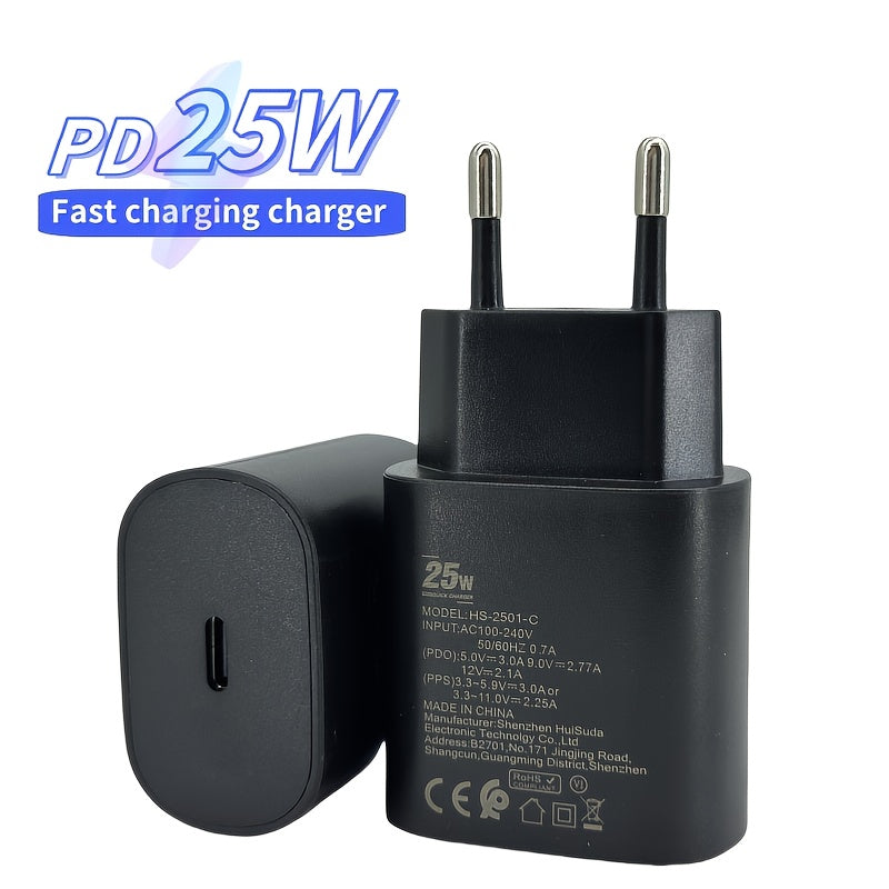 USB-C Fast Charger for Samsung Galaxy phones (S21, S22, S23, S24, Ultra, A54, A53, A34) with European standard plug. Includes universal power adapter, female to female connector, and Type C