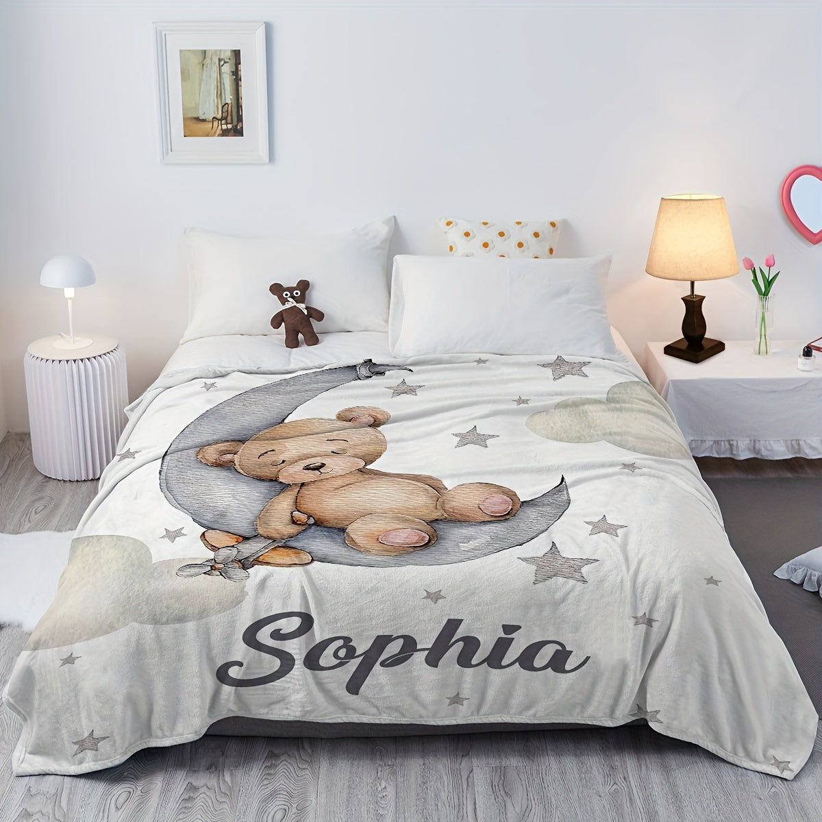 Get your very own Customizable Teddy Bear Moon Blanket with Personalized Name. This lightweight Flannel blanket is perfect for use on your sofa, bed, while traveling, camping, in the living room, office, or on a chair. Featuring a Digital Print in mixed