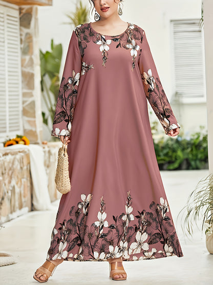 Stylish ankle-length pink tunic dress with white floral print, perfect for spring/summer/fall events. Made of a polyester blend, featuring long sleeves and a round neck. Ideal for autumn