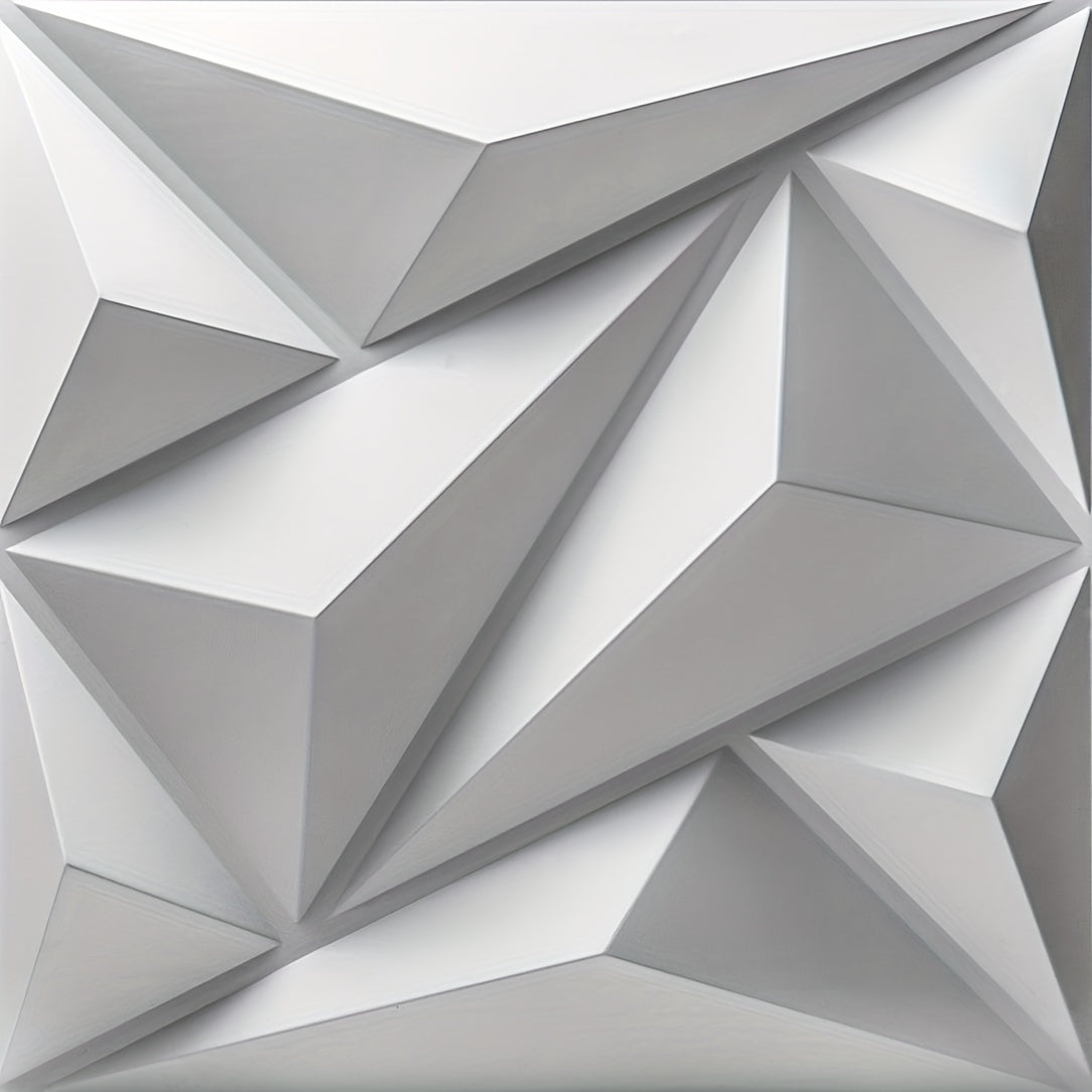 33 PVC 3D Diamond Wall Panels measuring 11.7" x 11.7" for interior wall decor in various rooms and settings.