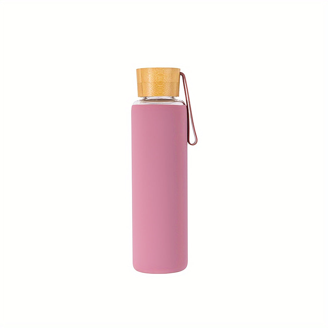 Silicone sleeve glass water bottle with strap, dishwasher safe.