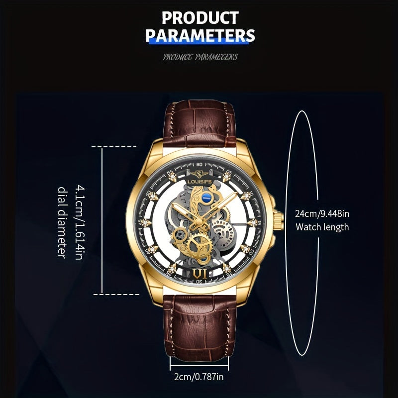 A new men's watch with transparent double-sided design, PU leather strap, luminous hands, and quartz movement.