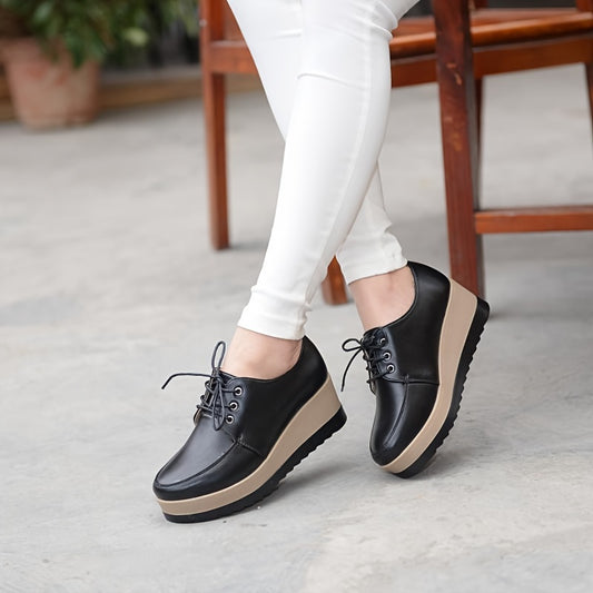 Women's Lace-Up Sneakers - Lightweight, All-Season Faux Leather Shoes with Thick Sole